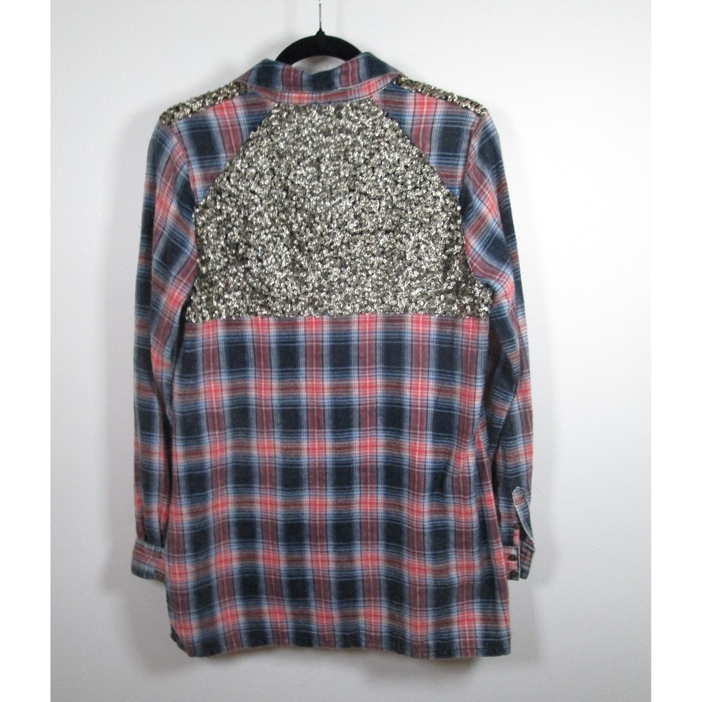 Free People‎ Shirt Small Navy Plaid Sequin Embellished Long Sleeve - Picture 7 of 11